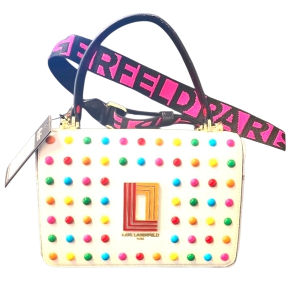 Karl Lagerfeld White Crossbody Bag with Multicolor Studs